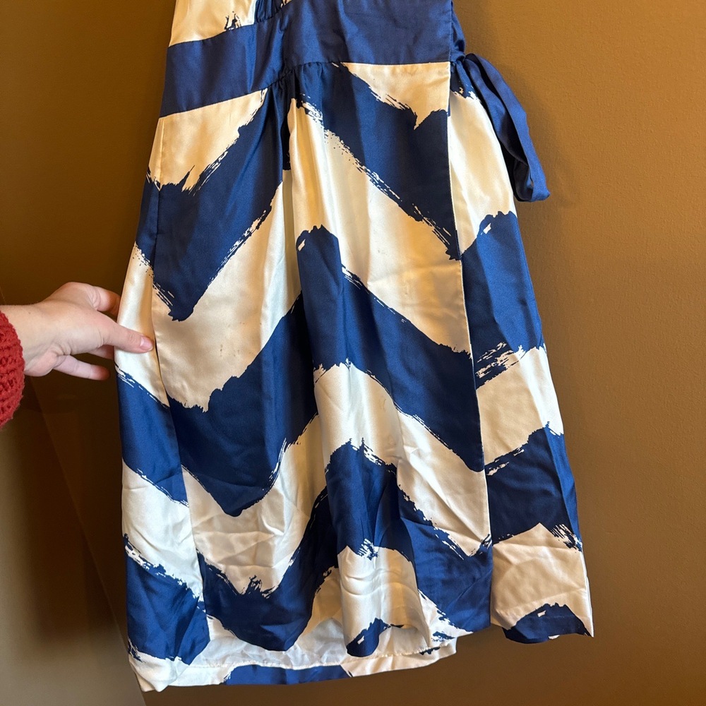 Tibi Peacock Blue Sleeveless Tie Waist Chevron Wrap Dress Size 4 - Picture 6 of 10